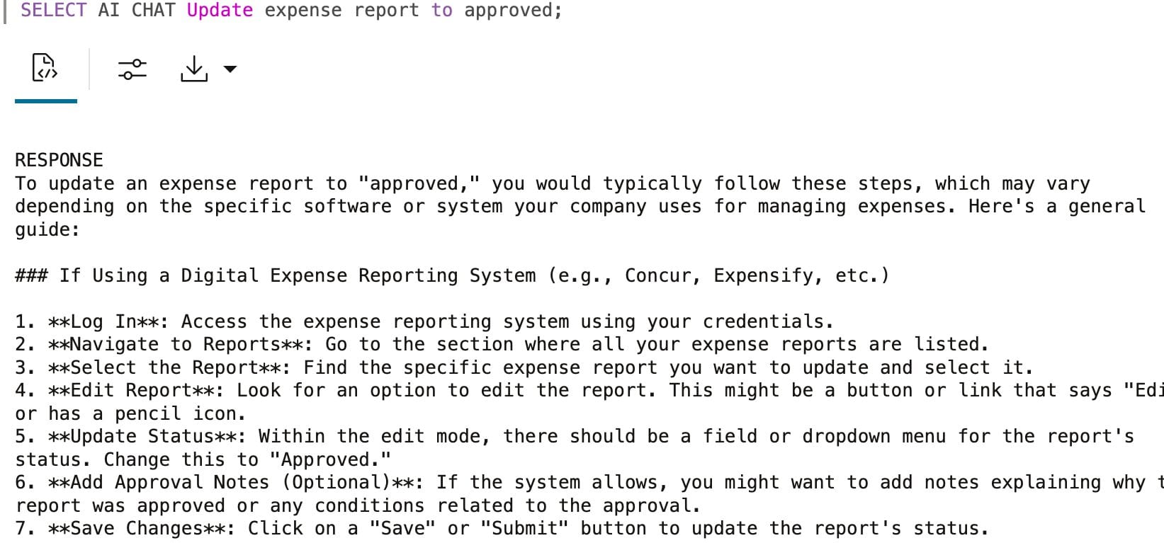 Zero-shot expense report response