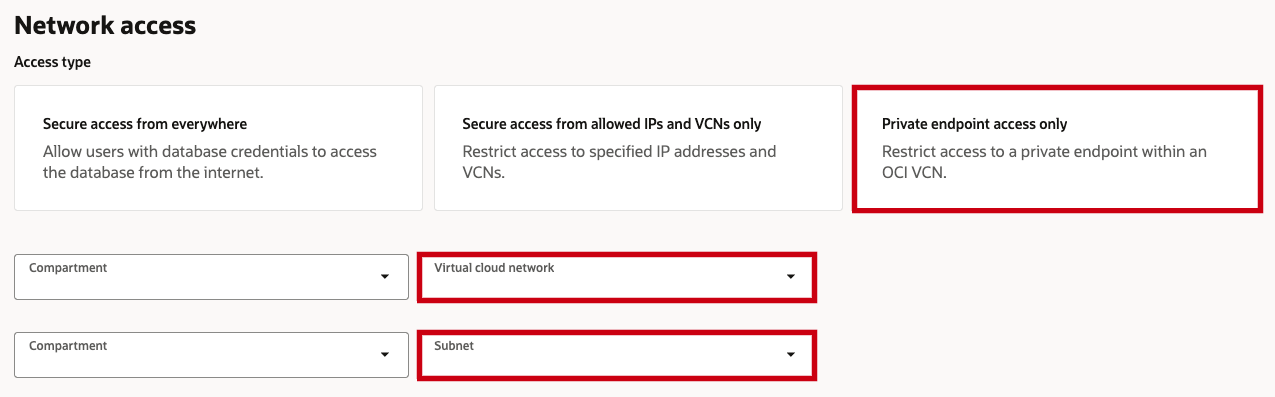Autonomous AI Database Serverless network access selection with private endpoint access enabled