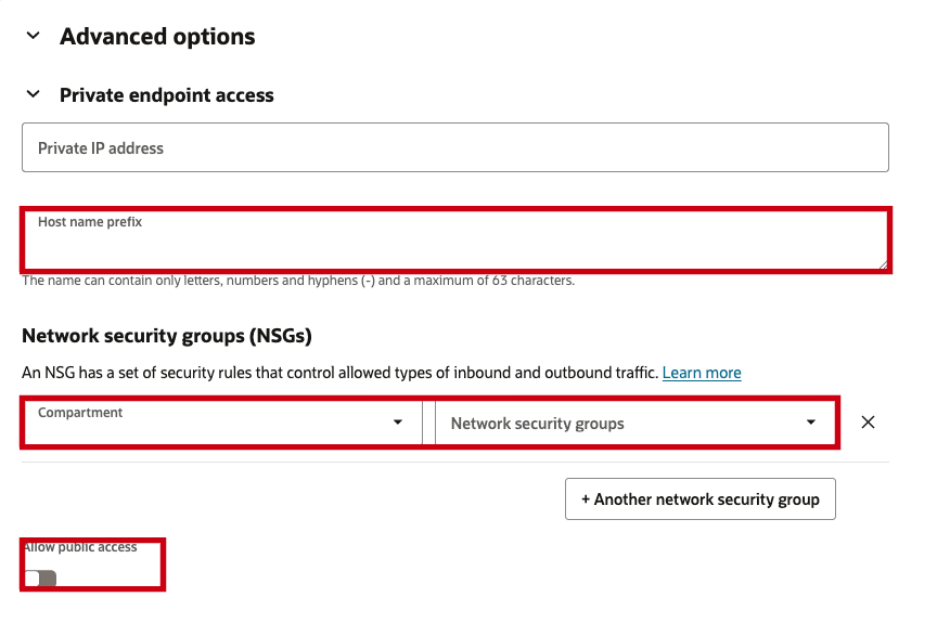 Autonomous AI Database Serverless advanced private endpoint options showing hostname prefix, NSG selection, and Allow public access